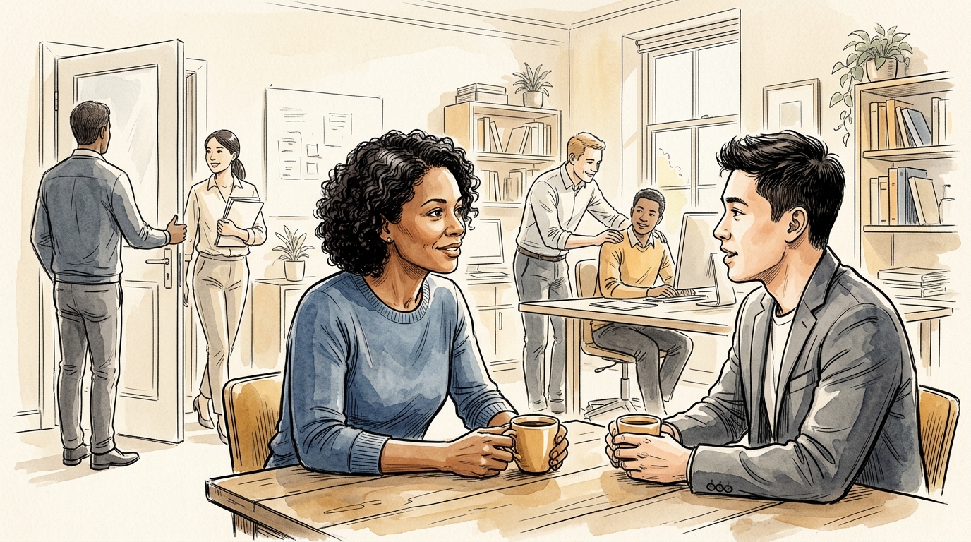 작고 사소한 태도의 반복이 만드는 조직의 신뢰와 심리적 안전감을 상징하며, 동료의 이야기에 따뜻한 눈빛으로 귀 기울여 경청하는 모습을 담은 시네마틱 에디토리얼 스케치